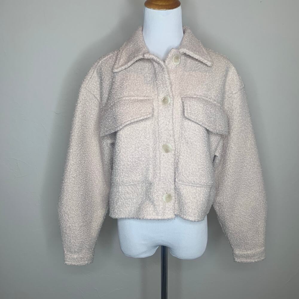 H&M Cropped Faux Shearling Shacket Cream Neutral Color Sz Small